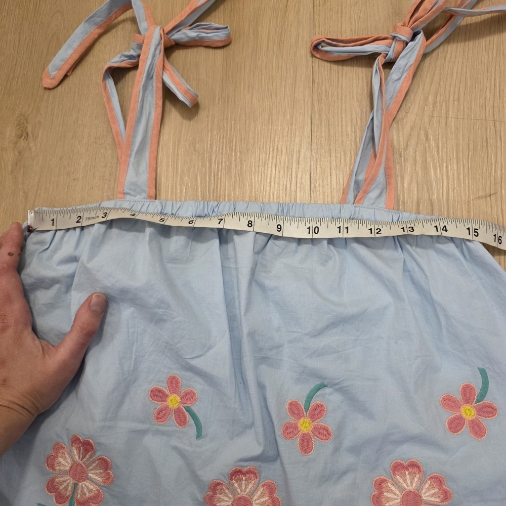 So Me Blue Pink Flower Embroidered Scalloped Summer Crop Top & Shorts Set Size L - Picture 4 of 10